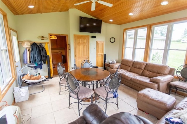 tiled living room featuring high vaulted ceiling, ceiling fan, and wooden ceiling