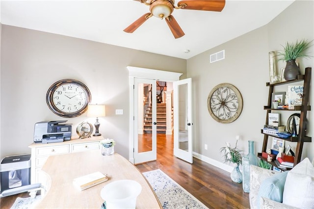29800 E 65th St, Blue Springs, MO 64014 - office with french doors, wood finished floors, ceiling fan, and baseboards