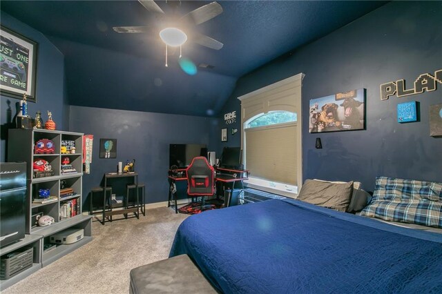 29800 E 65th St, Blue Springs, MO 64014 - carpeted bedroom with vaulted ceiling and ceiling fan
