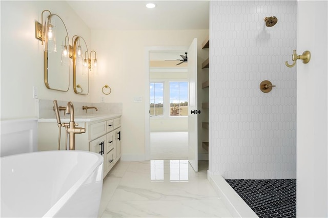 bathroom with vanity, ceiling fan, and independent shower and bath