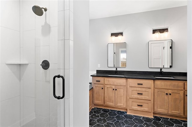 bathroom featuring vanity and a shower with shower door