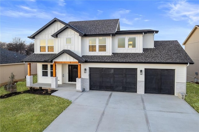 modern farmhouse with a porch, a garage, and a front yard