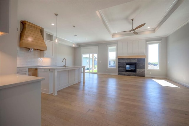 kitchen with light wood-type flooring, ceiling fan, and premium range hood