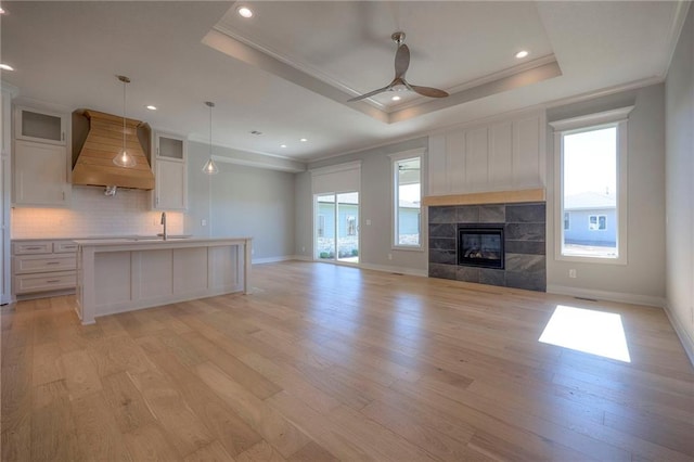 unfurnished living room with light hardwood / wood-style floors, a raised ceiling, and a healthy amount of sunlight