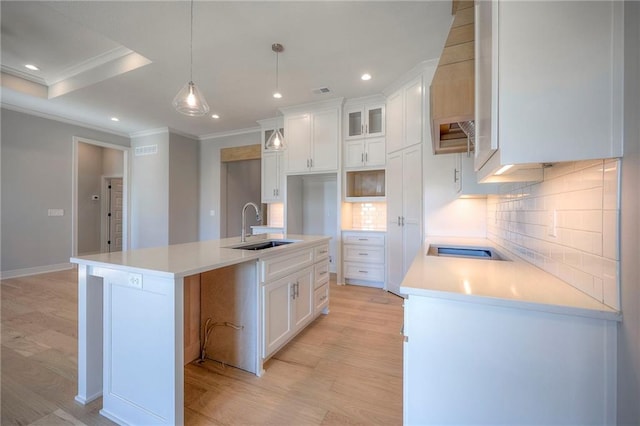 kitchen with white cabinetry, sink, hanging light fixtures, and a center island with sink