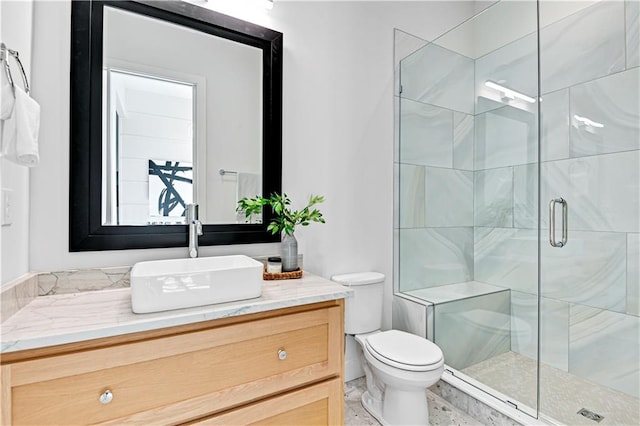 bathroom with vanity, toilet, and a shower with shower door