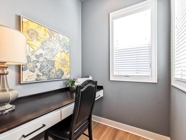 office featuring built in desk and light hardwood / wood-style floors