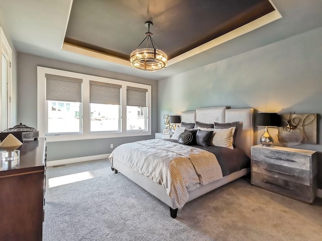 bedroom featuring a tray ceiling and carpet floors