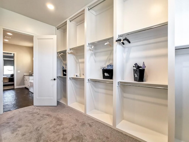 spacious closet featuring dark colored carpet