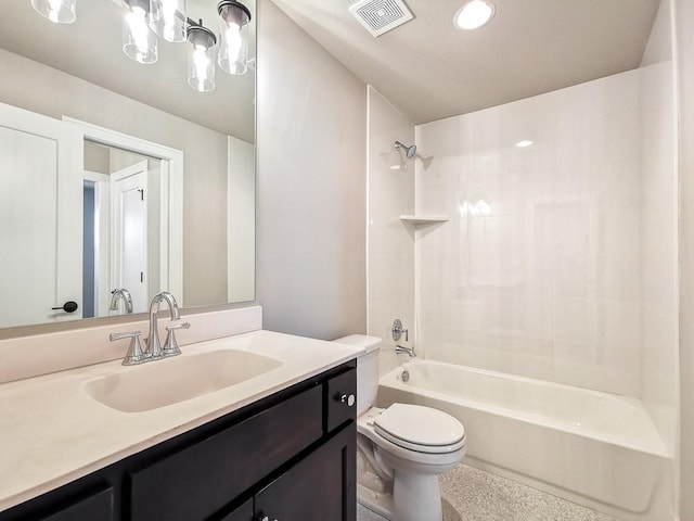 full bathroom featuring shower / washtub combination, toilet, and vanity