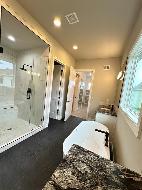 bathroom with vanity and separate shower and tub