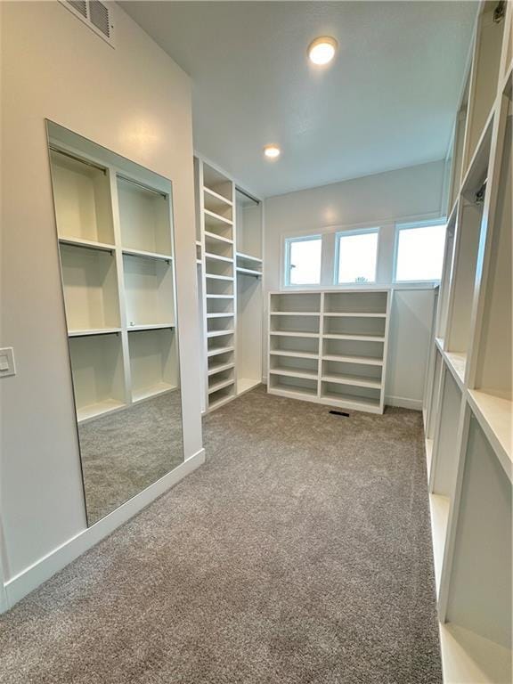 walk in closet with dark carpet