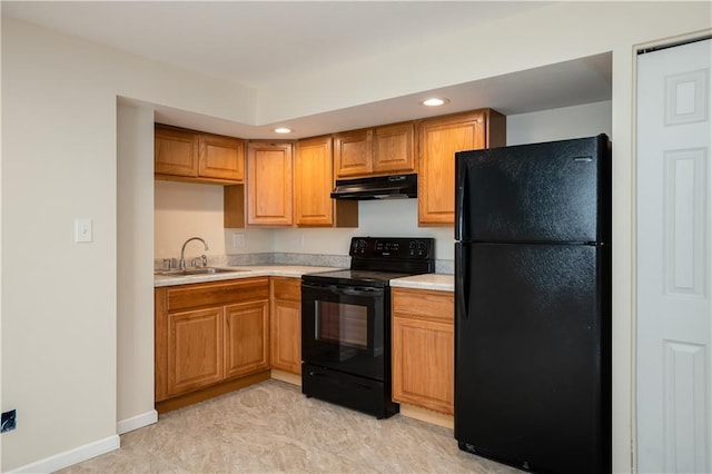 kitchen with light tile flooring, black appliances, and sink