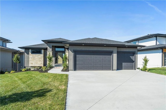 11522 S Zarda Dr, Olathe, KS 66061 - prairie-style house with a front yard, a garage, stone siding, concrete driveway, and stucco siding