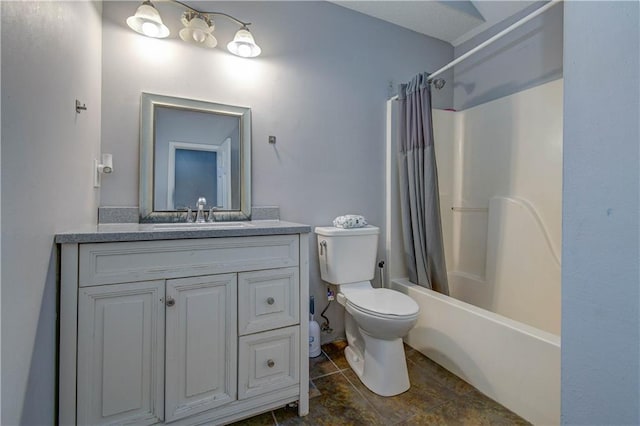 full bathroom with vanity, toilet, and shower / bath combo with shower curtain