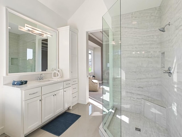 bathroom with vanity and walk in shower