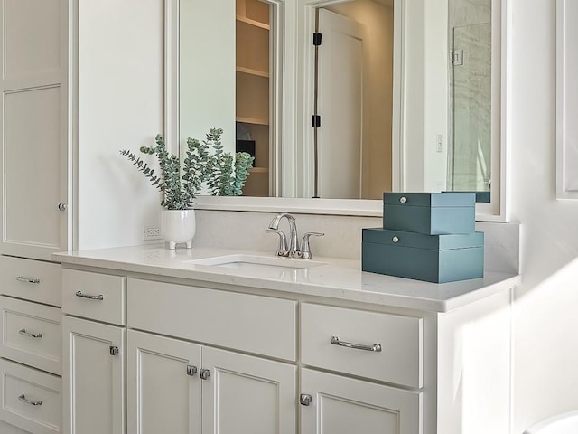 bathroom featuring vanity and a shower with shower door