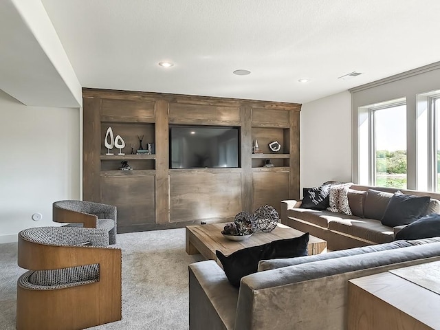 carpeted living room featuring built in shelves