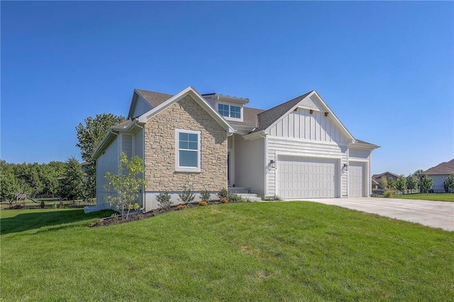 view of front facade featuring driveway, a front lawn, stone siding, a garage, and board and batten siding