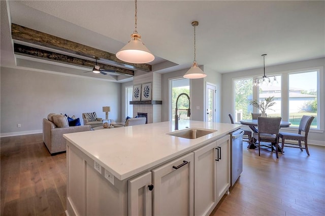 kitchen with a fireplace, stainless steel dishwasher, light wood-style floors, and a sink