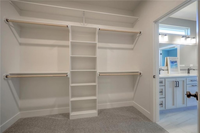 spacious closet featuring a sink and light carpet