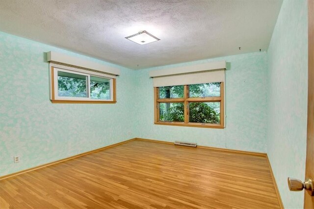 empty room with light hardwood / wood-style flooring and a textured ceiling