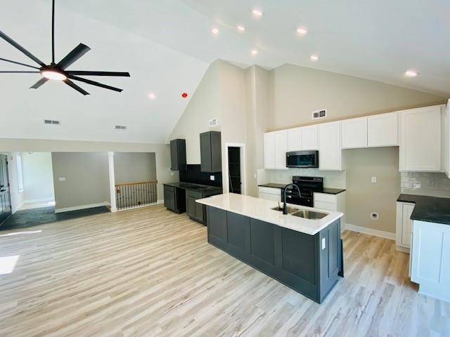 kitchen featuring light wood-type flooring, white cabinets, high vaulted ceiling, sink, and ceiling fan