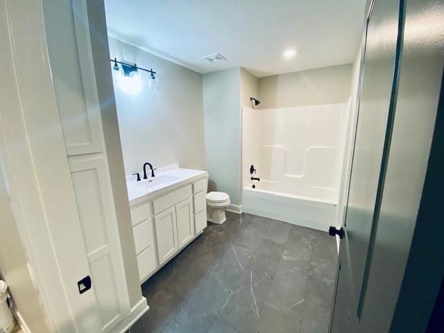 bathroom with toilet, visible vents,  shower combination, and vanity