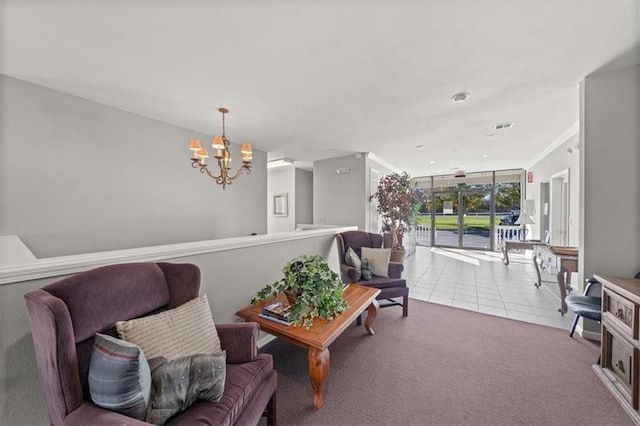 living area featuring light carpet, an inviting chandelier, and ornamental molding