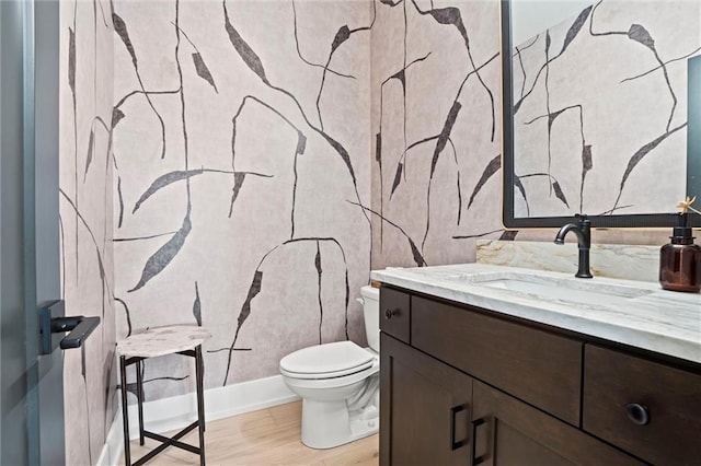 bathroom featuring vanity, toilet, and hardwood / wood-style flooring