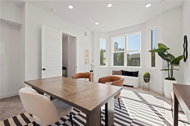 dining space with light colored carpet