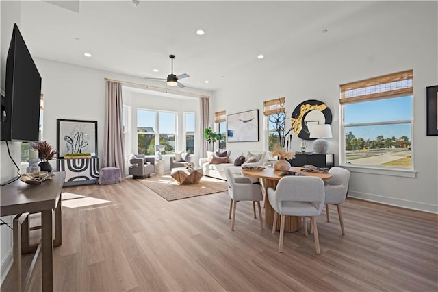 dining space with hardwood / wood-style floors and ceiling fan