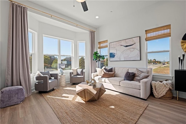 living room with light hardwood / wood-style floors and ceiling fan