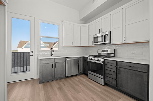 kitchen with appliances with stainless steel finishes, sink, white cabinetry, gray cabinets, and light hardwood / wood-style flooring