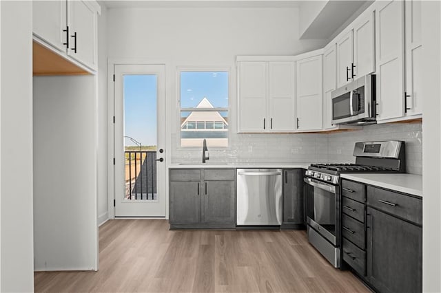 kitchen with sink, light wood-type flooring, backsplash, stainless steel appliances, and white cabinets