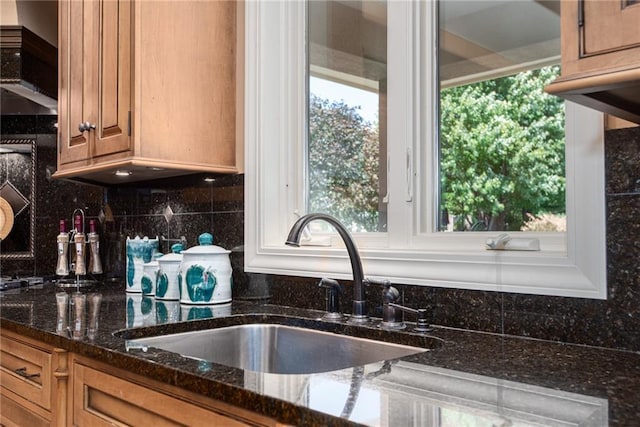 1709 Lake Alvamar Dr, Lawrence, KS 66047 - kitchen featuring a sink, brown cabinetry, tasteful backsplash, and dark stone countertops