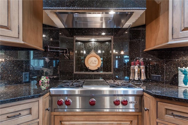 1709 Lake Alvamar Dr, Lawrence, KS 66047 - kitchen featuring range hood, brown cabinets, decorative backsplash, and stainless steel gas cooktop