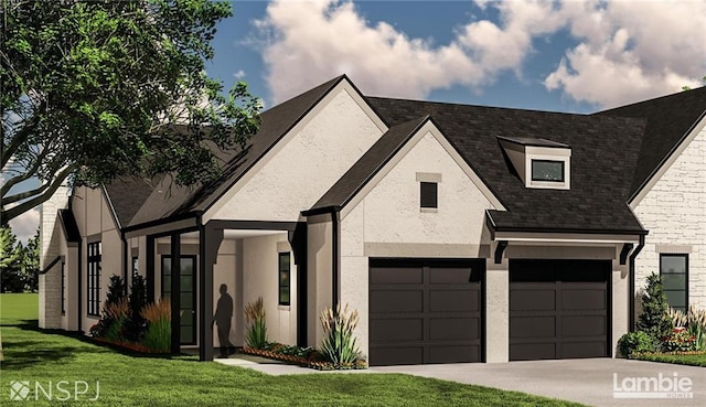 view of front of home featuring a front yard and a garage