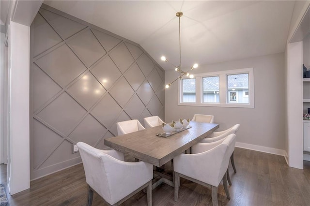 12200 W 138th Pl, Overland Park, KS 66221 - dining space with baseboards, dark wood-type flooring, a decorative wall, and vaulted ceiling