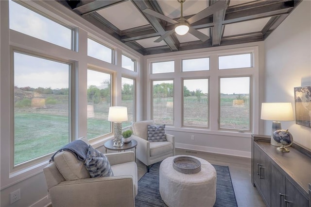 12200 W 138th Pl, Overland Park, KS 66221 - sunroom featuring healthy amount of natural light, coffered ceiling, baseboards, wood finished floors, and beamed ceiling