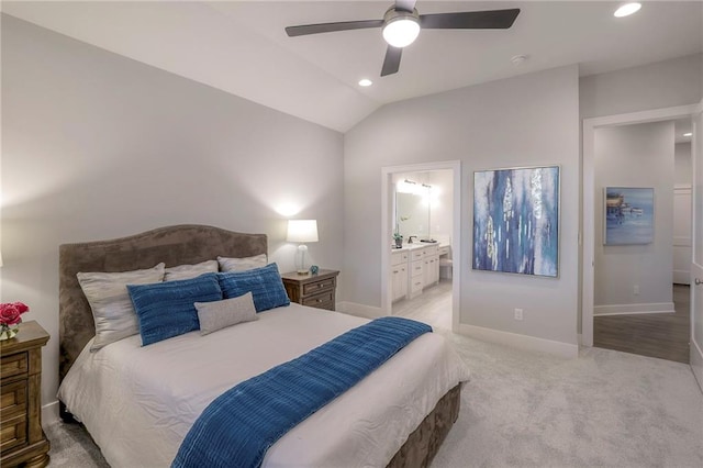 12200 W 138th Pl, Overland Park, KS 66221 - bedroom with carpet flooring, baseboards, connected bathroom, vaulted ceiling, and ceiling fan