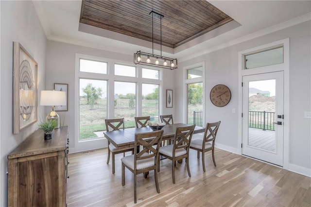 dining space featuring a chandelier, a tray ceiling, light hardwood / wood-style flooring, and wood ceiling