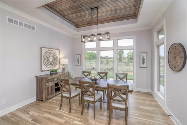 13812 Quigley St, Overland Park, KS 66221 - dining area with a tray ceiling, wooden ceiling, light wood-style flooring, baseboards, and crown molding