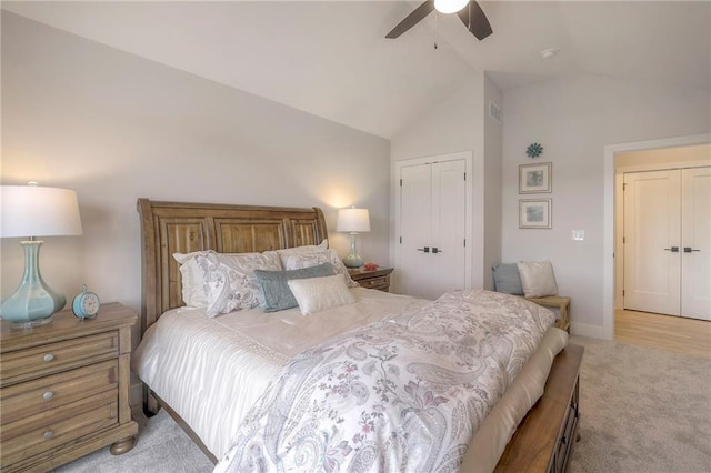 13812 Quigley St, Overland Park, KS 66221 - bedroom with light colored carpet, high vaulted ceiling, ceiling fan, a closet, and baseboards