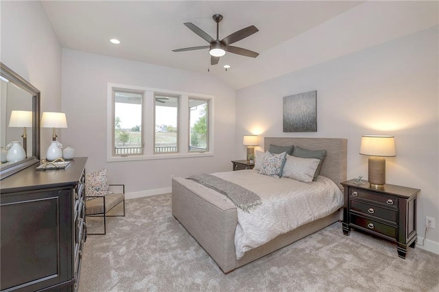 13812 Quigley St, Overland Park, KS 66221 - bedroom featuring light colored carpet, vaulted ceiling, baseboards, and ceiling fan