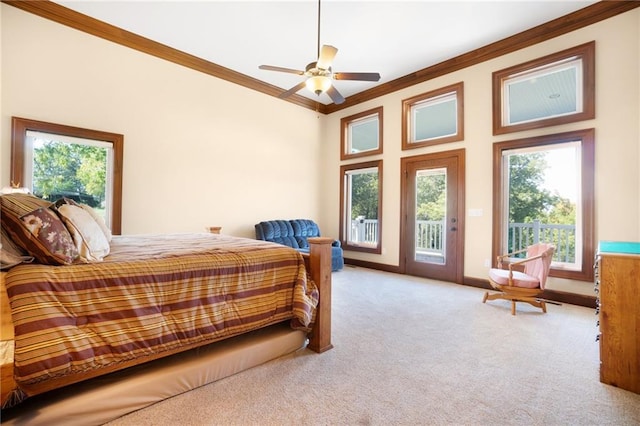 carpeted bedroom featuring ornamental molding, access to exterior, and ceiling fan