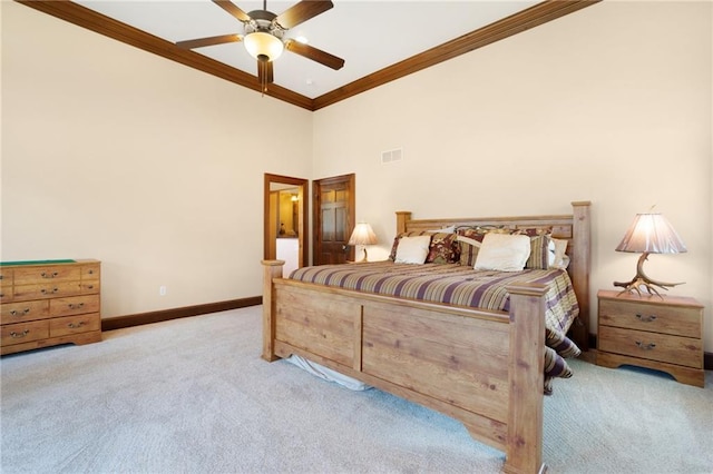 carpeted bedroom with ceiling fan, crown molding, and a high ceiling