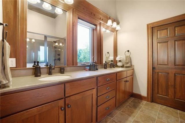 bathroom featuring double sink vanity and tile floors