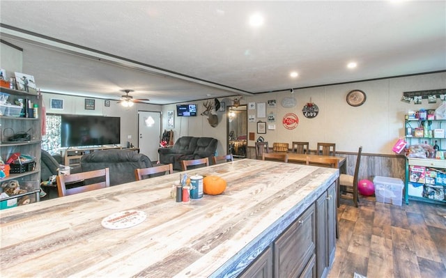 kitchen with wooden counters, ceiling fan, and dark hardwood / wood-style flooring