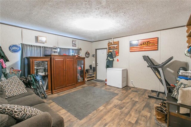 living room featuring a textured ceiling and dark wood-type flooring